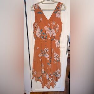 NWOT Luxology Floral High-Low Sleeveless Sundress size 12 in peach & green tones